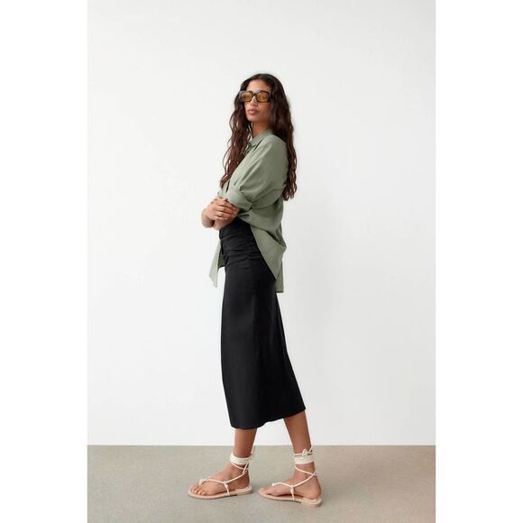 Zara EUC Linen Opeb Back Button Down Shirt Size M Khaki Green - Picture 3 of 12